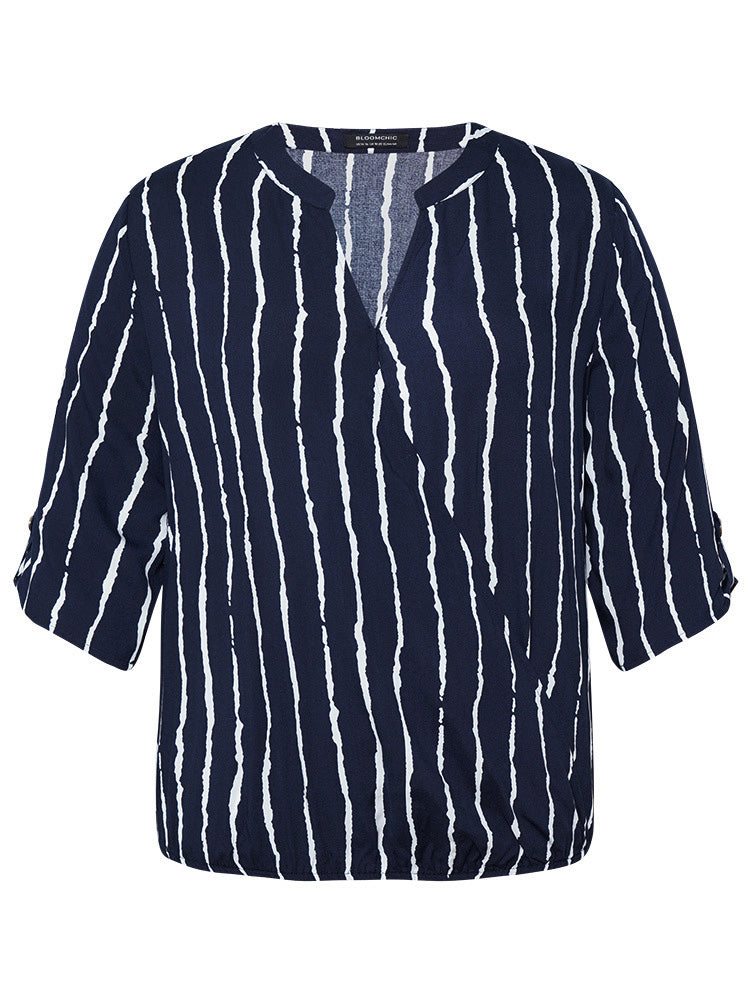 Striped Notched Three Quater Length Sleeve Blouse