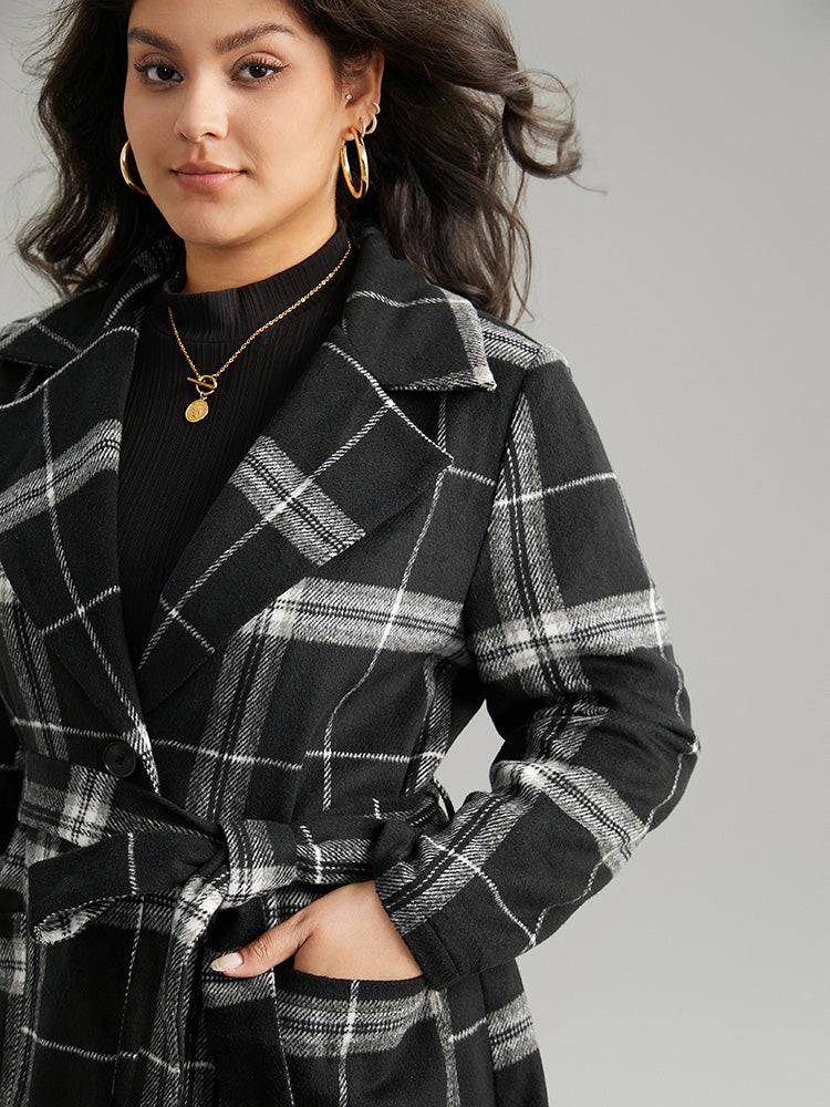 Lapel Collar Plaid Belted Contrast Coat