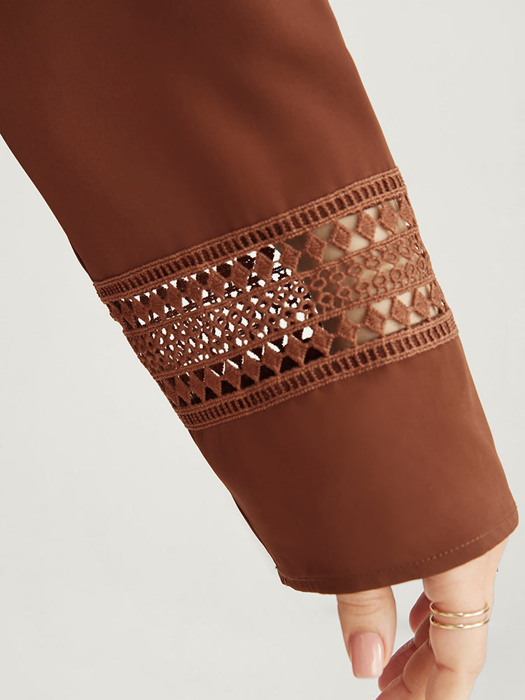 Solid V Neck Pocket Contrast Lace Ruffle Hem Dress