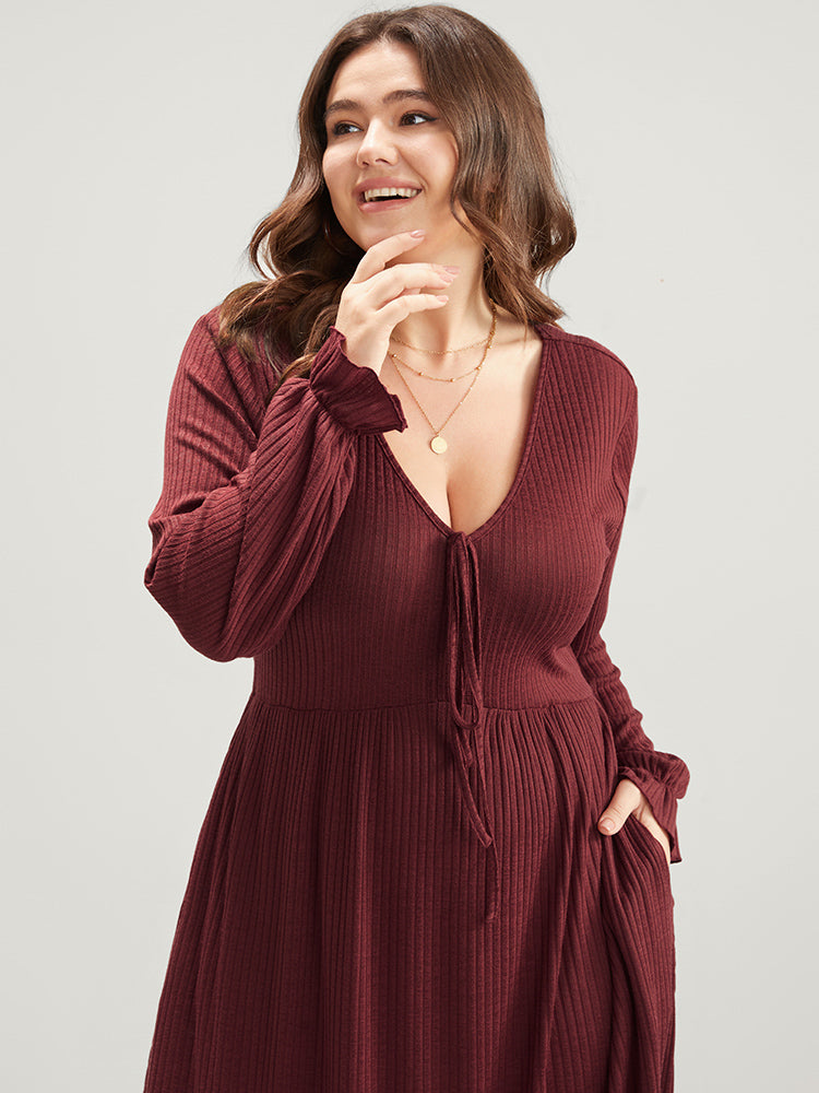 Solid Lantern Sleeve Tie Neck Pocket Rib Knit Dress