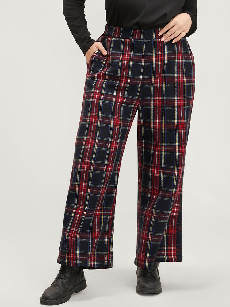 Plaid Elastic Waist Pocket High Rise Pants