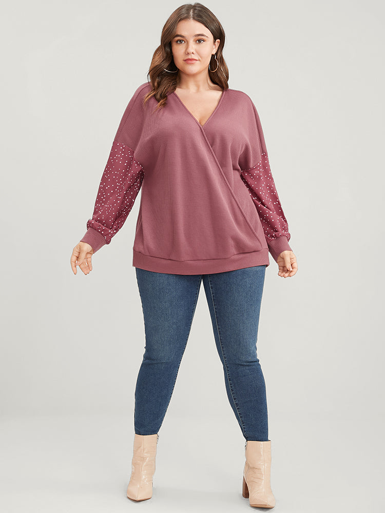 Polka Dot Patchwork Wrap Waffle Knit Sweatshirt