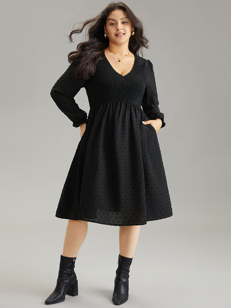 Plain Gathered Texture Shirred Elastic Waist Dress