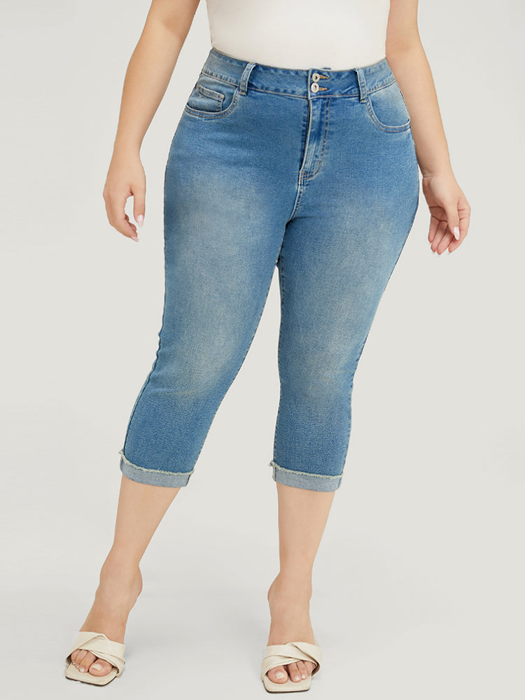Very Stretchy High Rise Medium Wash Roll Hem Cropped Jeans