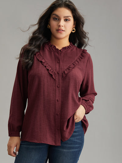 Stand Collar Solid Gathered Frill Trim Blouse
