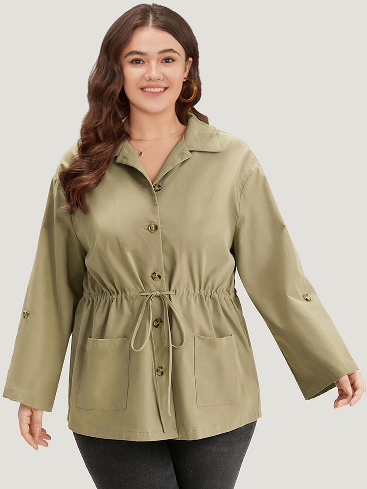 Plain Button Fly Pocket Drawstring Cuffed Sleeve Jacket