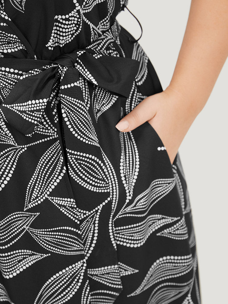 Plants Print Overlap Collar Belted Tank Dress