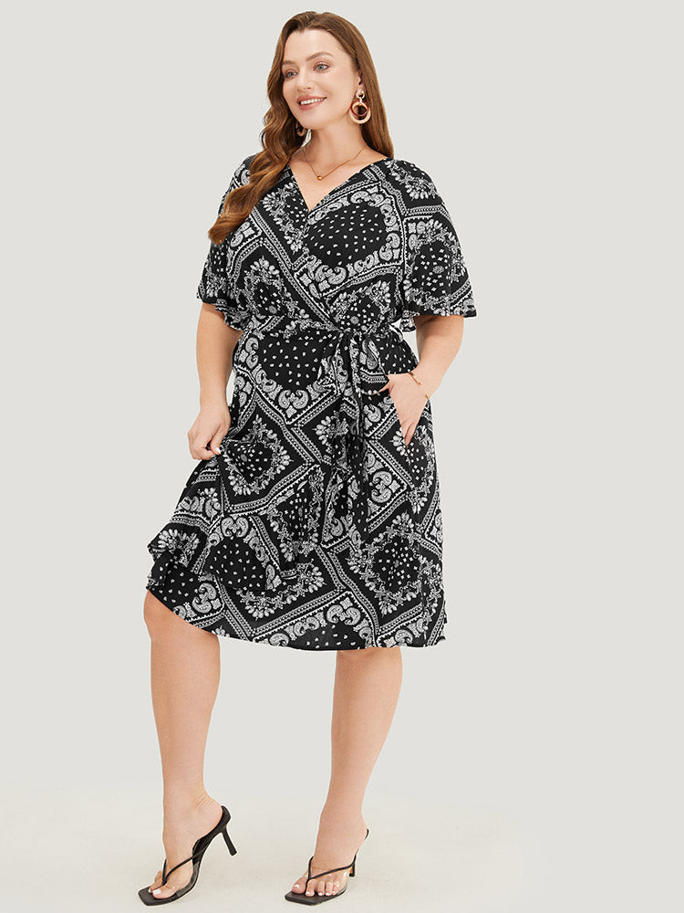 Paisley Print Pocket Belted Wrap Flutter Sleeve Dress