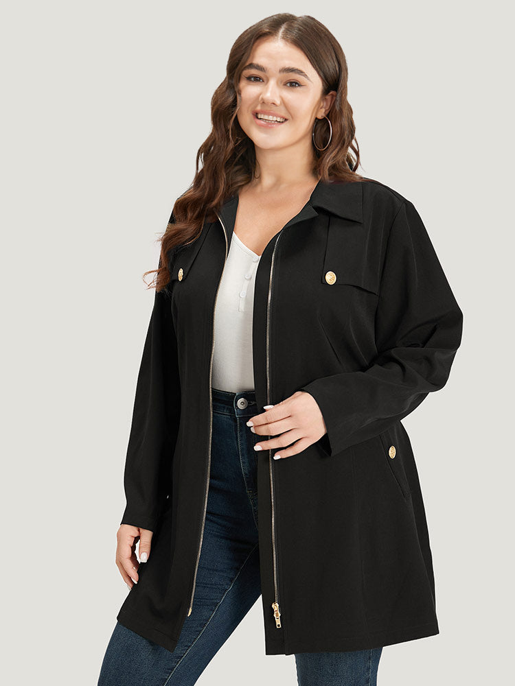 Solid Belted Button Detail Zipper Pocket Coat