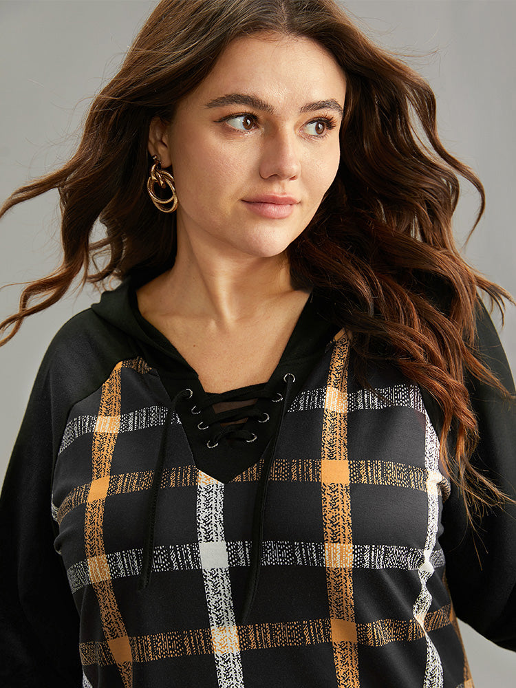 Plaid Contrast Raglan Sleeve Lace Up Hooded Sweatshirt