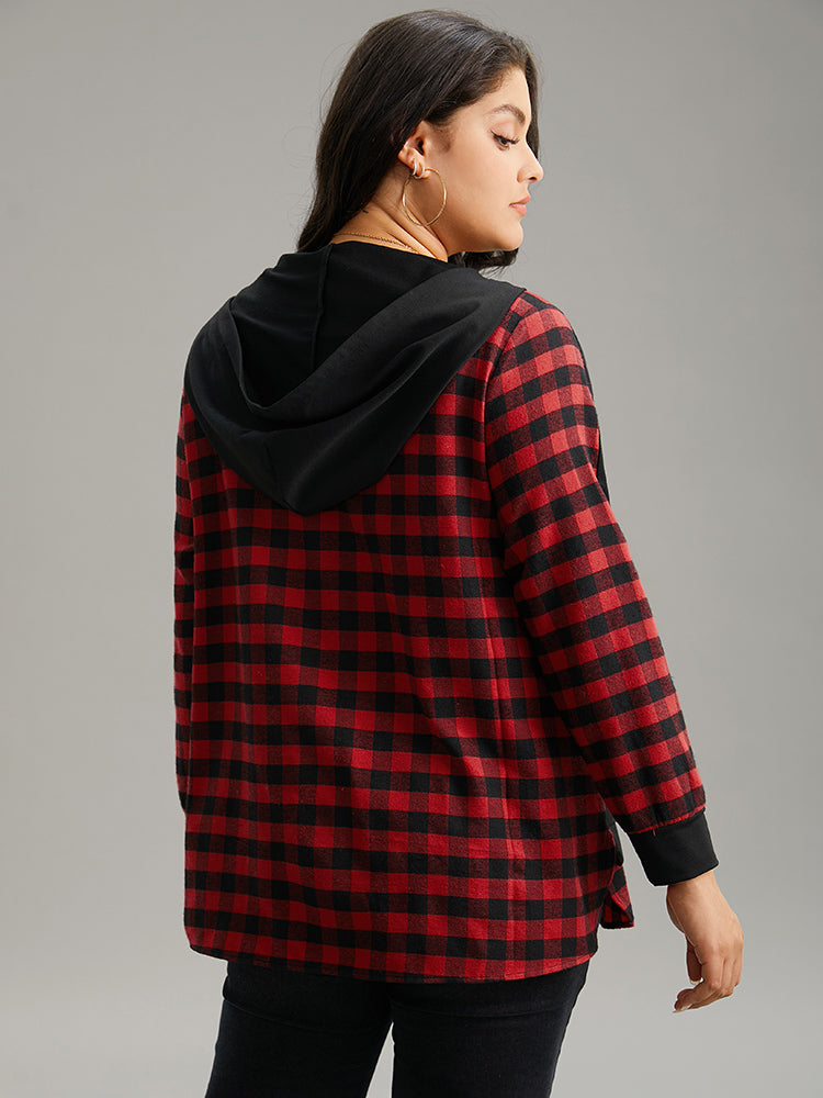 Plaid Patchwork Zipper Hooded Asymmetrical Hem Jacket