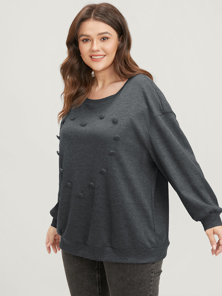 Solid Button Detail Round Neck Waffle Knit Sweatshirt