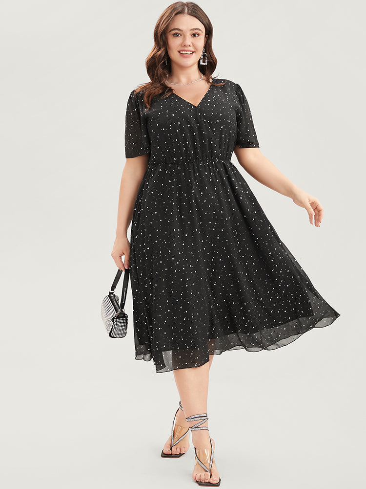 Polka Dot Surplice Neck Mesh Pocket Flutter Dress BloomChic