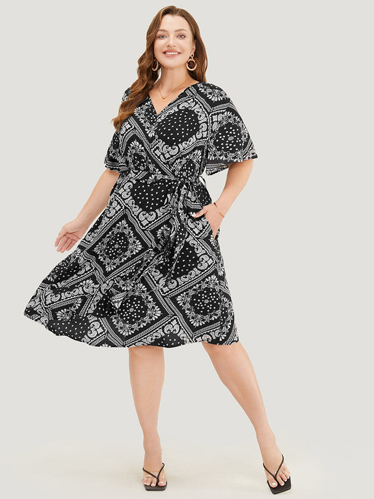 Paisley Print Pocket Belted Wrap Flutter Sleeve Dress