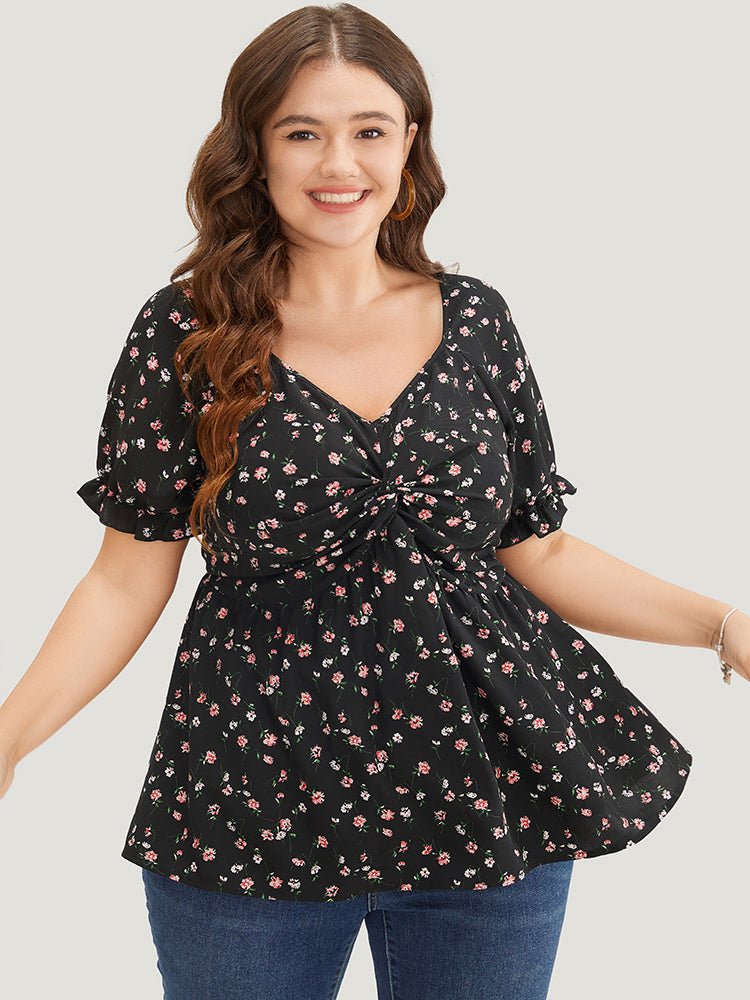 Ditsy Floral Twist Front Puff Sleeve Blouse – BloomChic