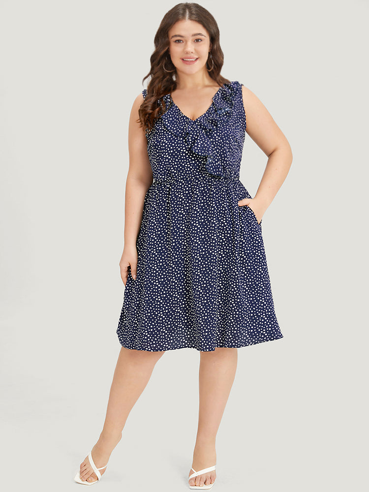 Polka Dot Ruffle Trim V Neck Sleeveless Dress