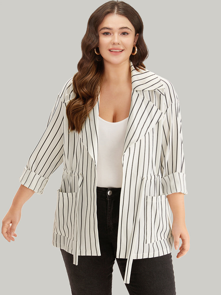Striped Suit Collar Drawstring Patch Pocket Jacket