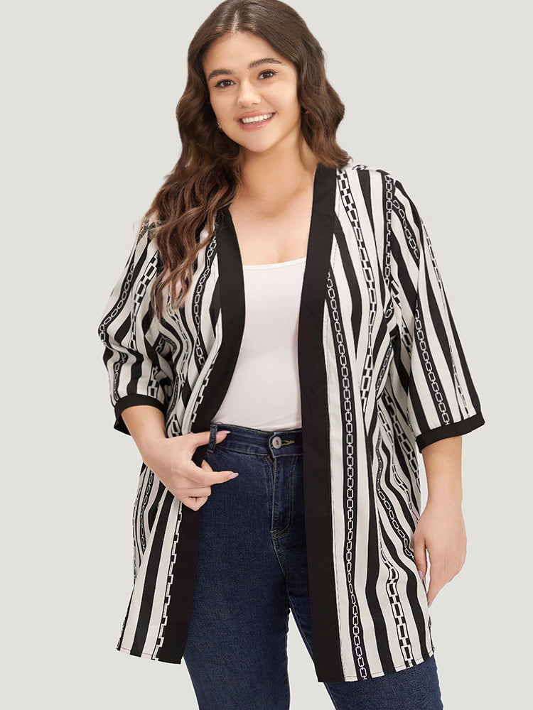 Striped Patchwork Contrast Open Front Kimono
