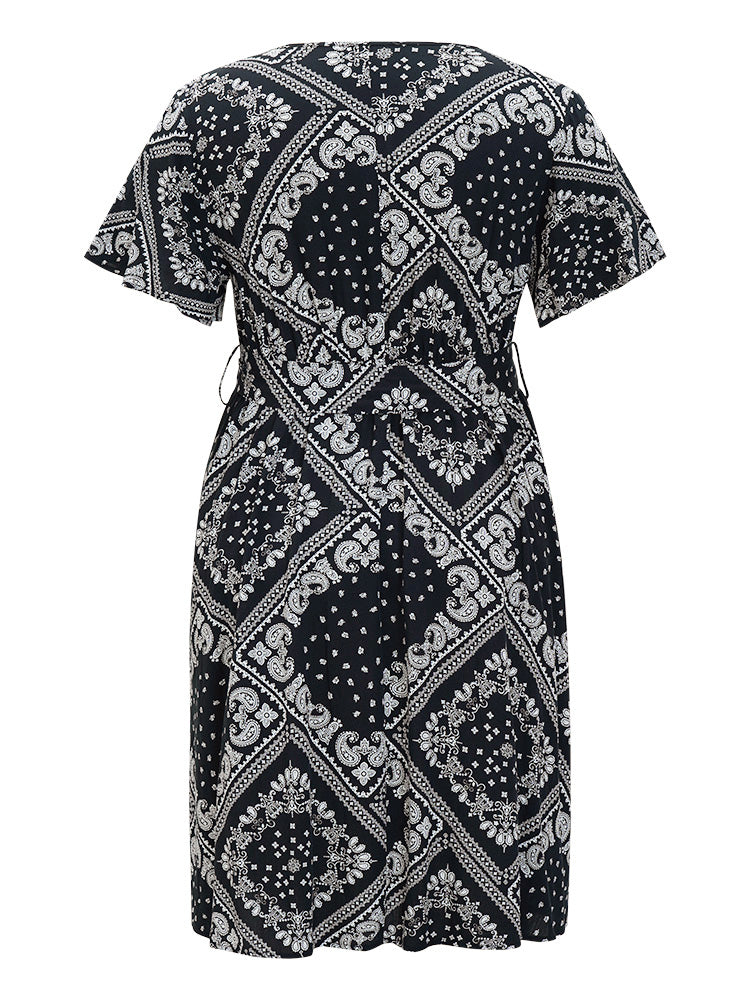 Paisley Print Pocket Belted Wrap Flutter Sleeve Dress