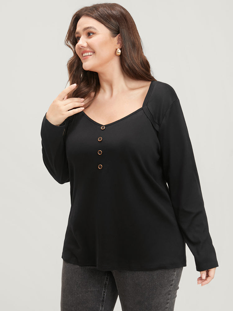 Solid Button Detail V Neck Long Tee