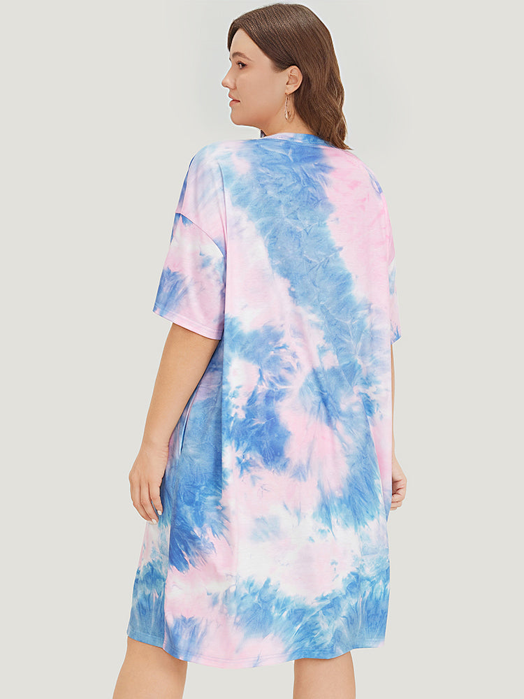 Letter Print Pocket Crew Neck Tie Dye Dress