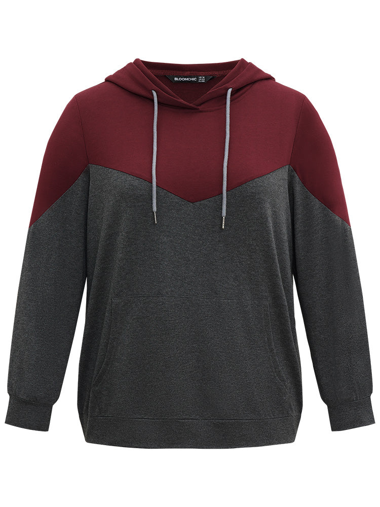 Contrast Patchwork Hooded Pocket Drawstring Sweatshirt