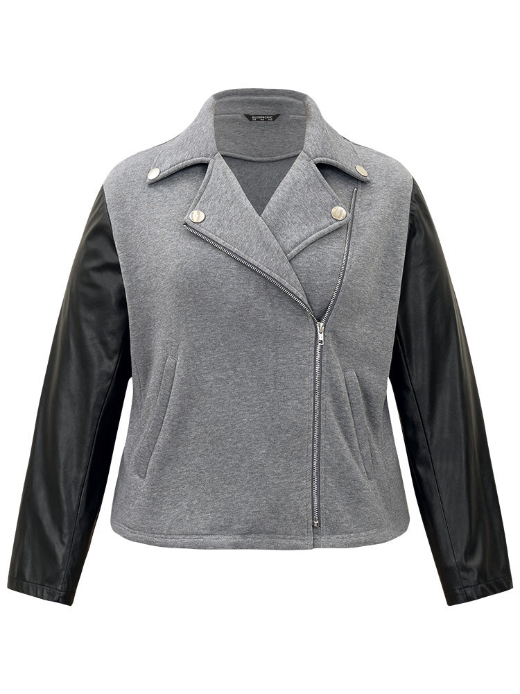 PU Leather Zipper Contrast Button Detail Jacket
