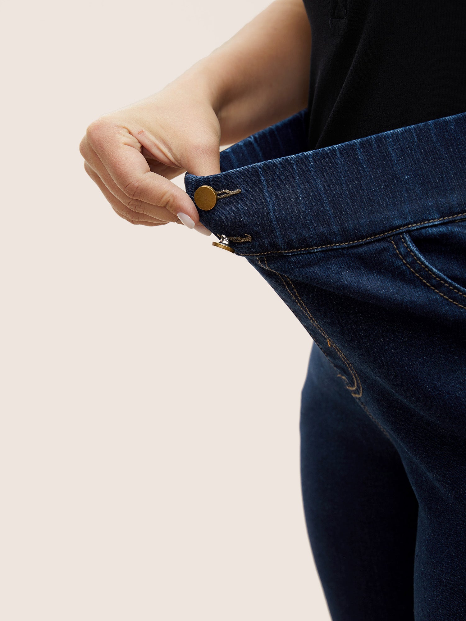 Elastic Waist Full Length Button Detail Jeans