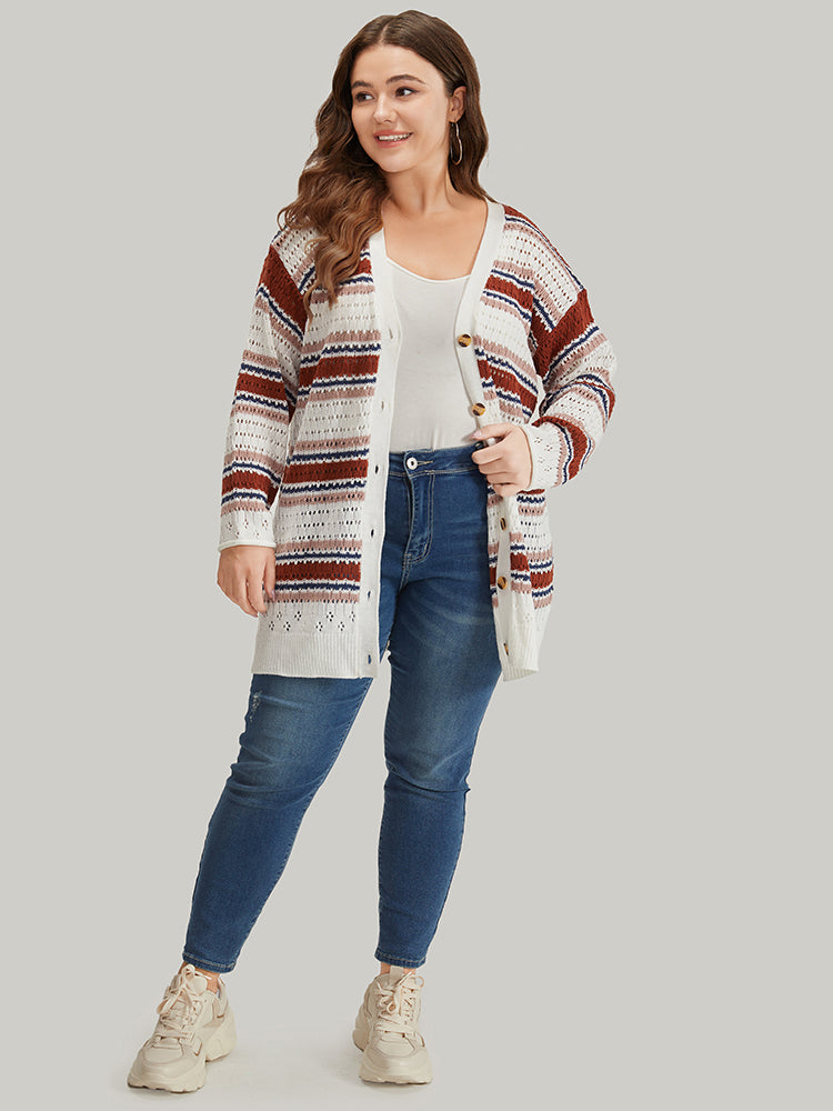 Striped Contrast Pointelle Knit Button Through Cardigan