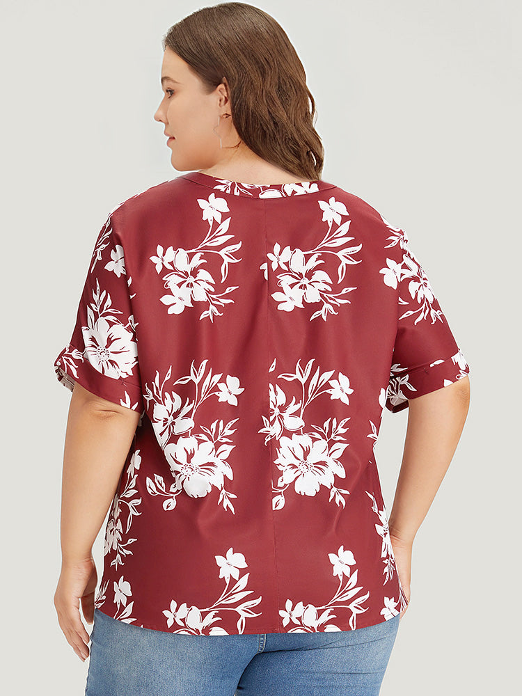 Silhouette Floral Print Notched Roll Sleeve Blouse
