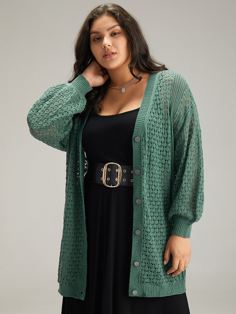 Plus Size Cardigans, Plain Hollow Out Button Through Bell Sleeve Cardigan