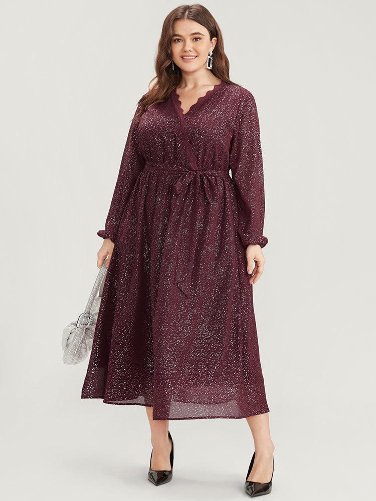 Polka Dot Wrap Lace Trim Lantern Sleeve Pocket Belted Dress
