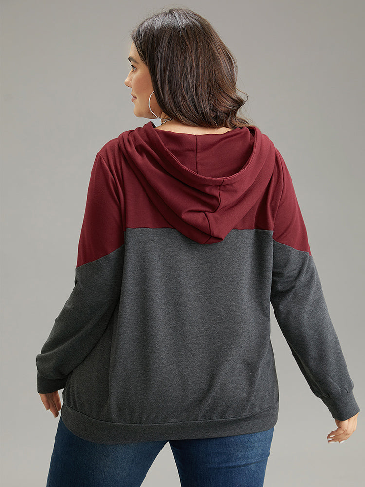 Contrast Patchwork Hooded Pocket Drawstring Sweatshirt