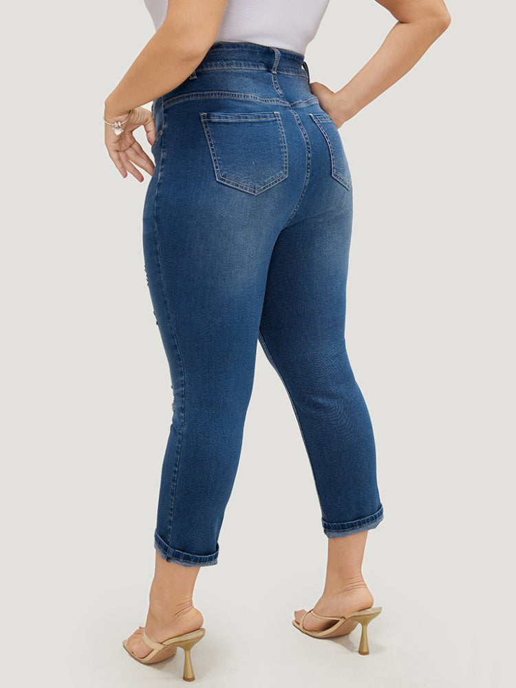 Very Stretchy High Rise Dark Wash Ripped Detail Cropped Jeans