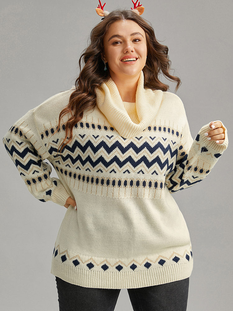 Geometric Contrast Turtleneck Elastic Cuffs Pullover