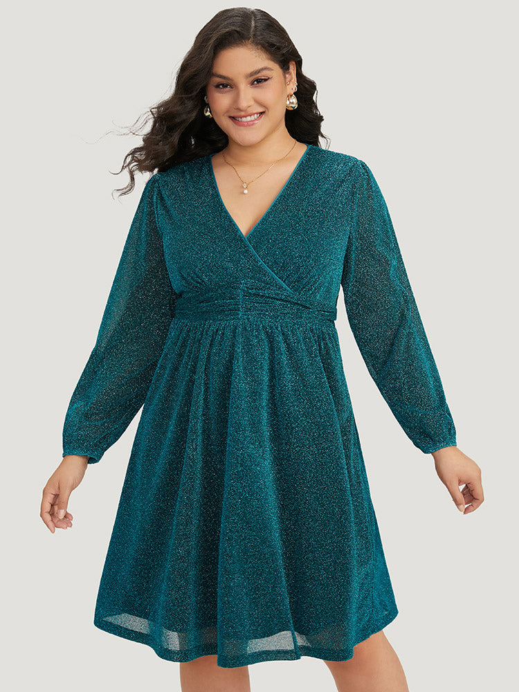 BloomChic Women's Plus Size Glitter Overlap Collar Pocket Ruched Dress Teal Elastic Cuffs 18-20/2X BloomChic Women's Plus Size Glitter Overlap Collar Pocket Ruched Dress Teal Elastic Cuffs 18-20/2X