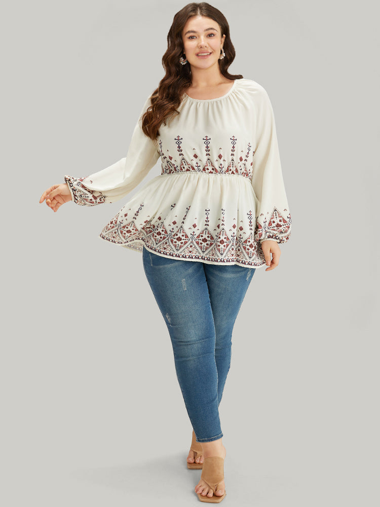 Boho Print Crew Neck Gathered Elastic Waist Blouse – BloomChic