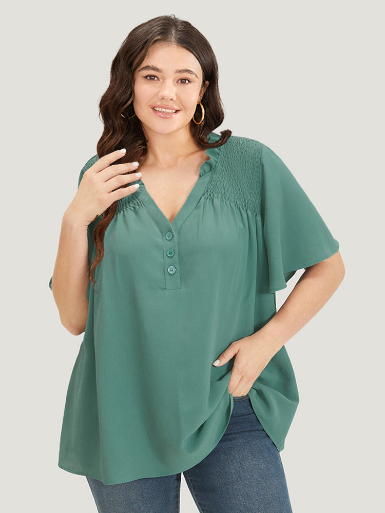 Plain Shirred Button Through Frill Trim Stand Collar Blouse