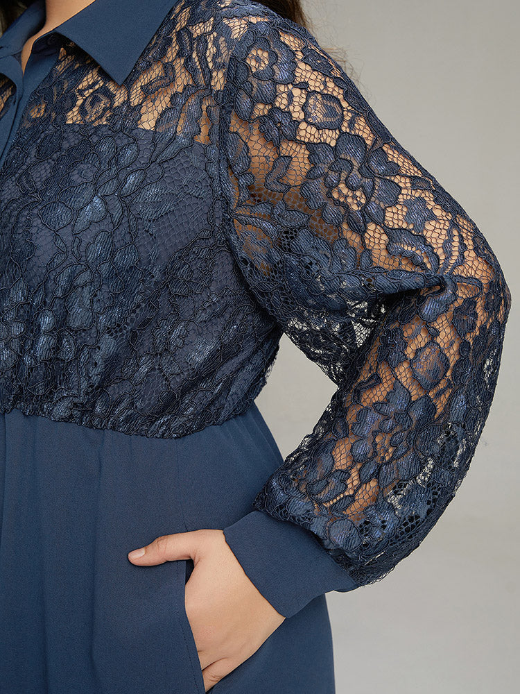 Navy Lace Shirt Dress BloomChic Plus Size Indigo Blue Blue Shirt Collar  Dress, Contrast Lace Ruffle