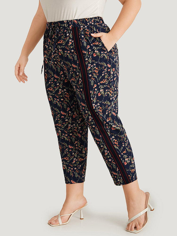 Ditsy Floral Pocket Elastic Waist Ties Patchwork Pants