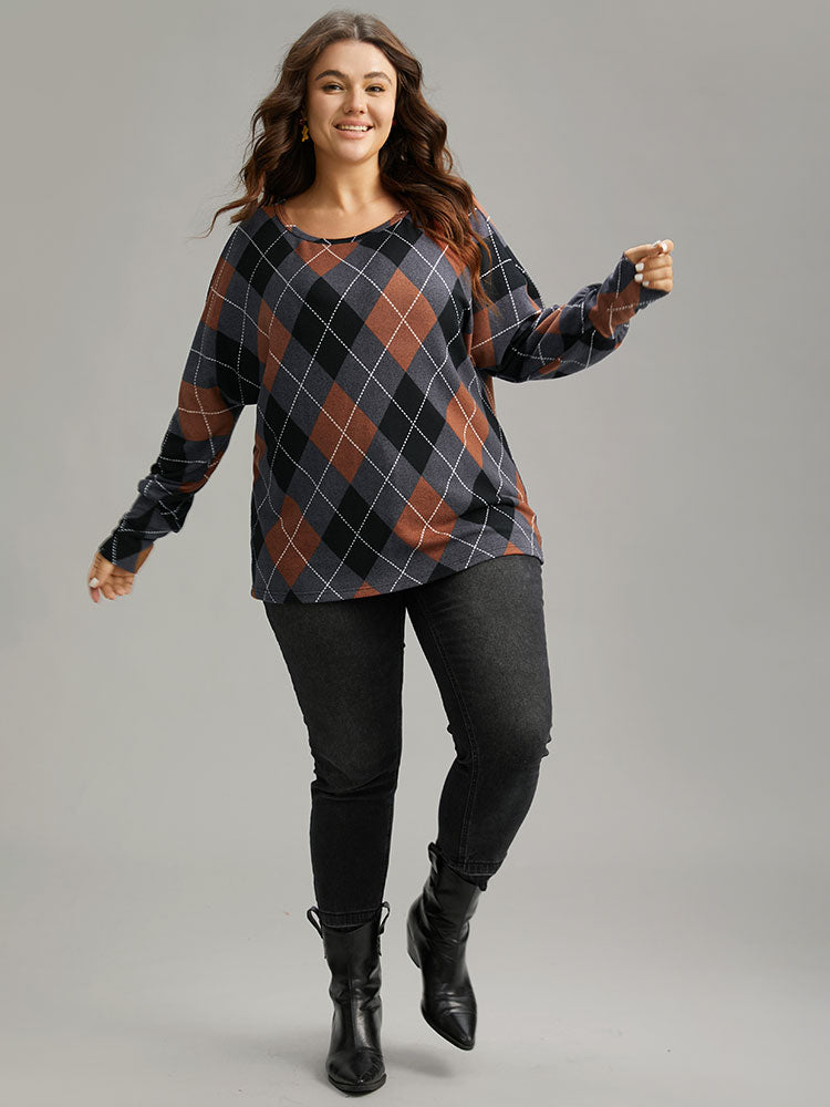 Plaid Contrast Round Neck Dolman Sleeve T-shirt