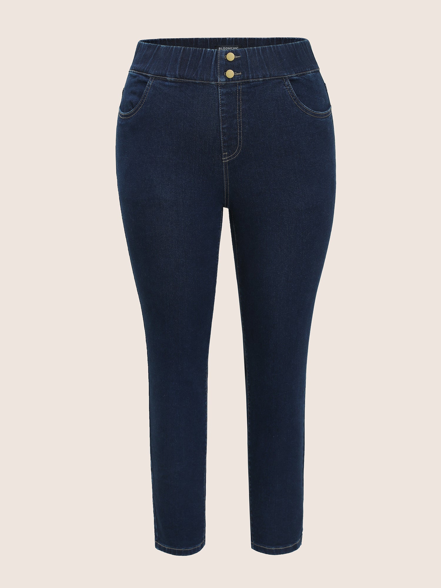 Elastic Waist Full Length Button Detail Jeans