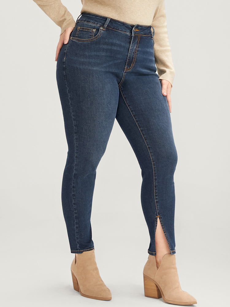 Mom Jeans Skinny Moderately Stretchy High Rise Medium Wash Split Jeans