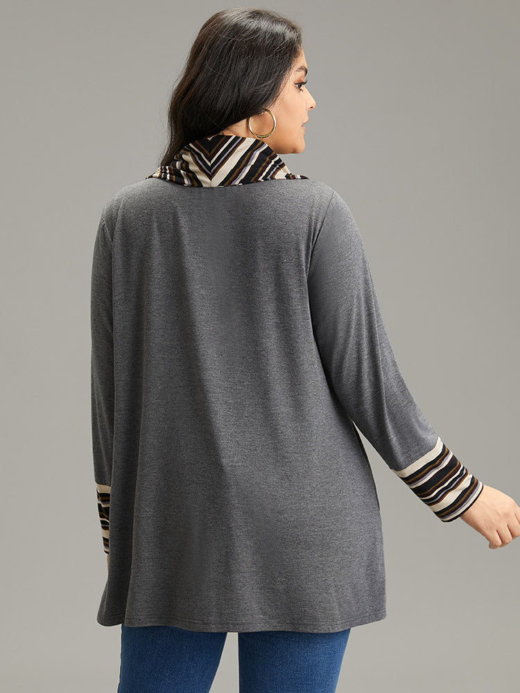 Striped Patchwork Contrast Cowl Neck T-shirt