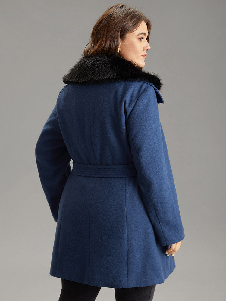 Plain Fuzzy Trim Zipper Belted Coat