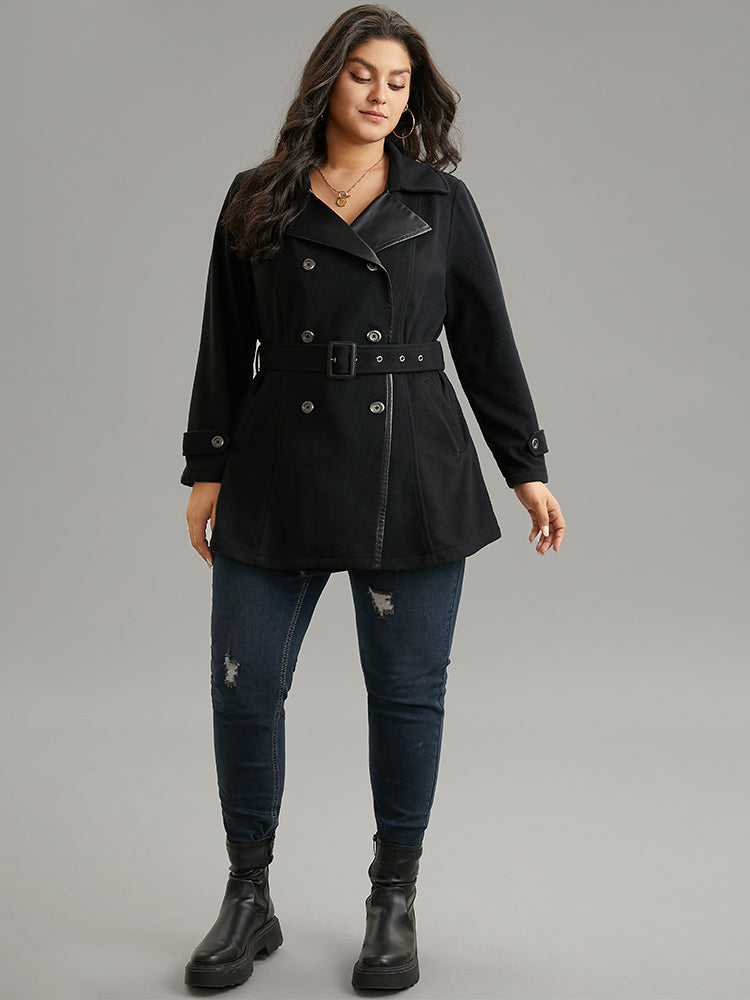 PU Leather Patchwork Lapel Collar Double Breasted Belted Coat