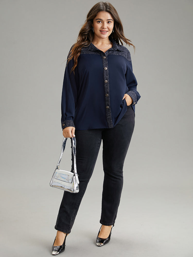 Shirt Collar Patchwork Textured Buckle Up Blouse