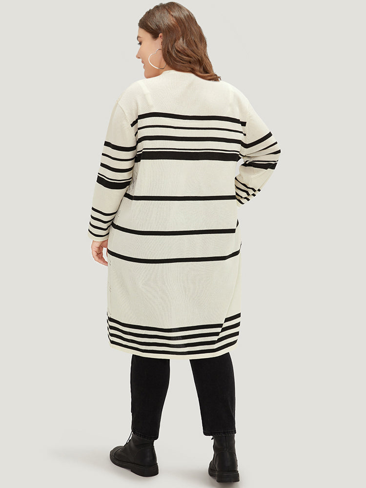 Striped Eyelet Open Front Maxi Cardigan