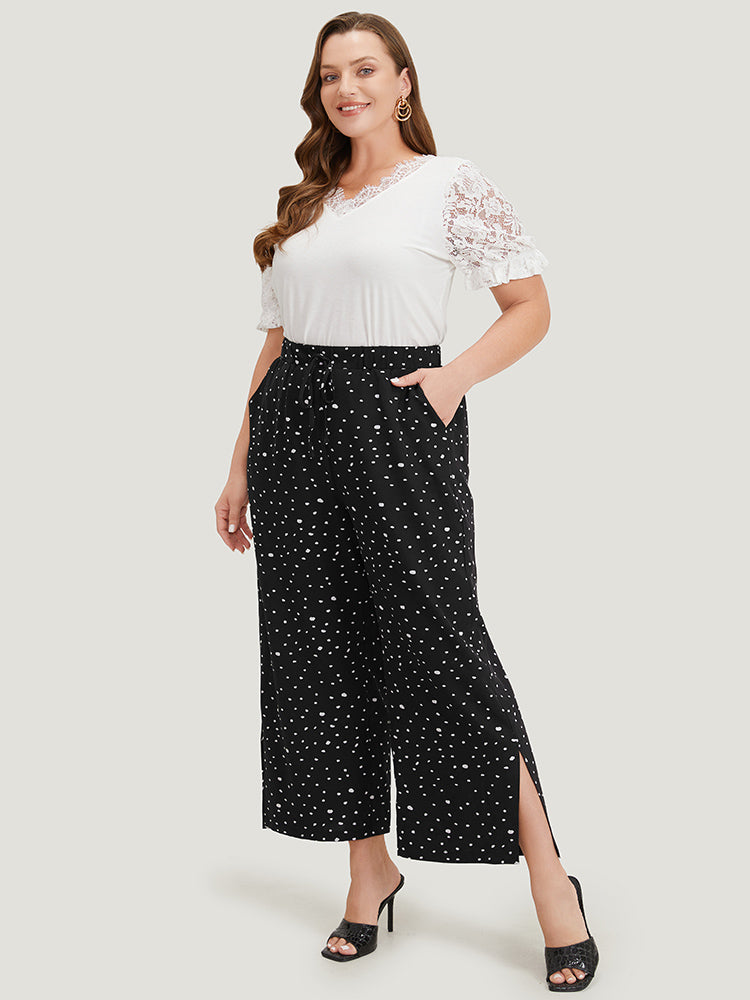 Polka Dot Drawstring Pocket Split Hem Pants