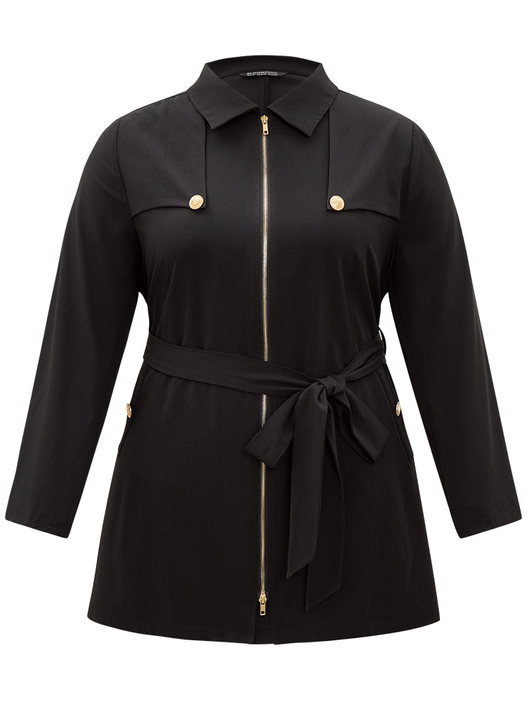 Solid Belted Button Detail Zipper Pocket Coat